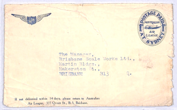 AUSTRALIA Postal Stationery AIR LEAGUE 1d Paid Die Cover Front Brisbane YN211