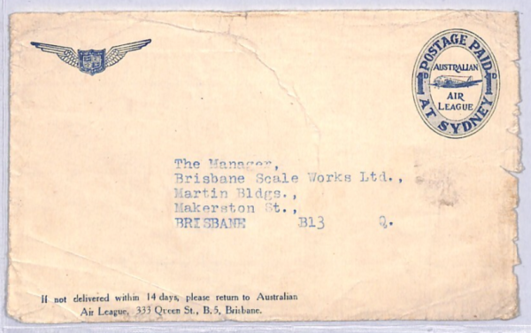 AUSTRALIA Postal Stationery AIR LEAGUE 1d Paid Die Cover Front Brisbane YN211 - Image 10