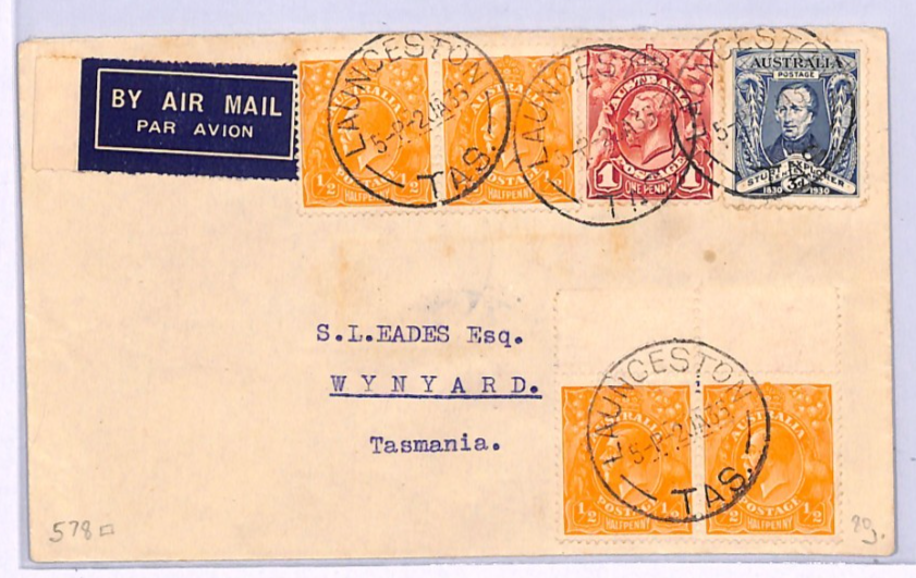 AUSTRALIA Tasmania Internal Air 1935 Cover KGV Sideface Pairs 3d STURT XA285 - Image 3