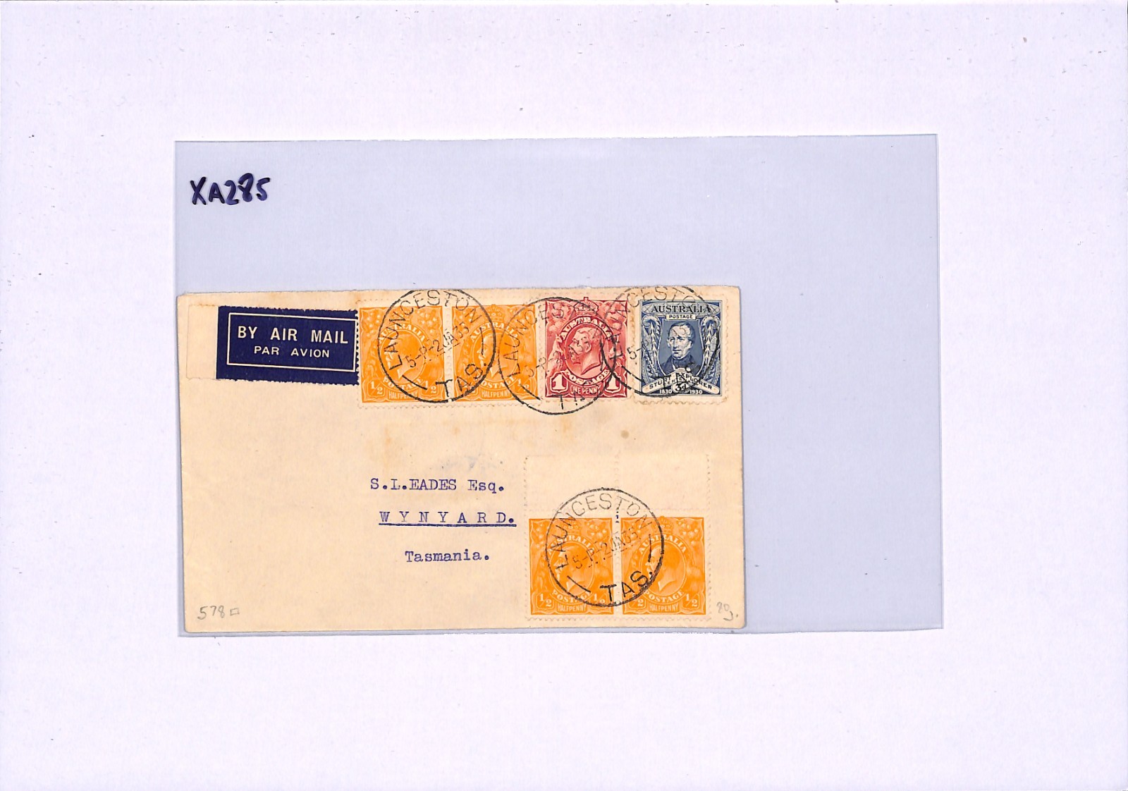 AUSTRALIA Tasmania Internal Air 1935 Cover KGV Sideface Pairs 3d STURT XA285 - Image 6
