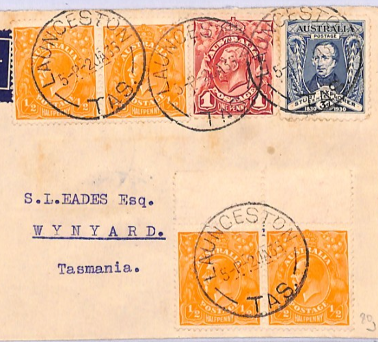 AUSTRALIA Tasmania Internal Air 1935 Cover KGV Sideface Pairs 3d STURT XA285