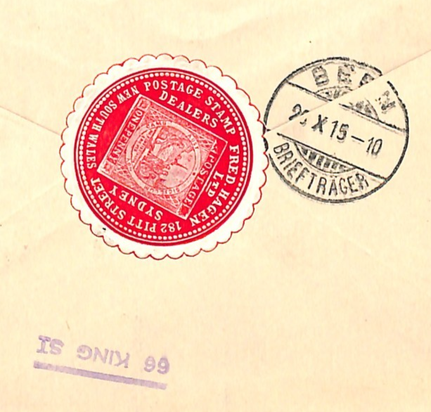 AUSTRALIA WW1 ROO Cover Sydney *Stamp Dealer* WAFER SEAL Advert 1915 Berne WQ296 - Image 3