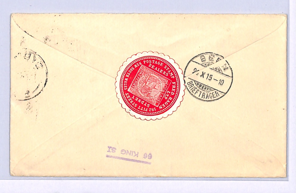AUSTRALIA WW1 ROO Cover Sydney *Stamp Dealer* WAFER SEAL Advert 1915 Berne WQ296 - Image 5