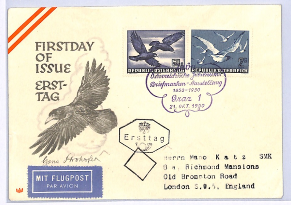 AUSTRIA 1950 FDC Air 60g 2s *BIRDS* High Value ILLUSTRATED First Day Cover XF284