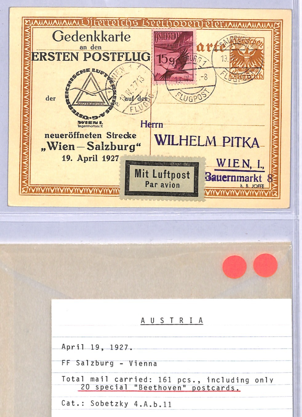 AUSTRIA Air 1927 Stationery *BEETHOVEN* Card FIRST FLIGHT Salzburg {Joffe}VT32 - Image 3