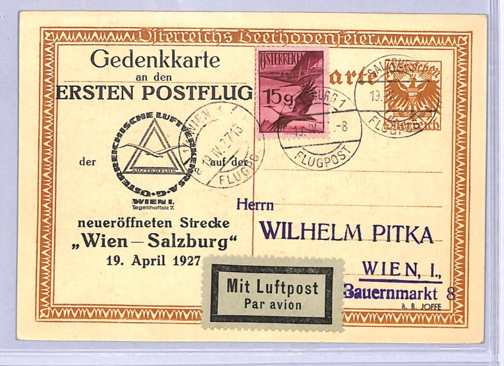 AUSTRIA Air 1927 Stationery *BEETHOVEN* Card FIRST FLIGHT Salzburg {Joffe}VT32 - Image 5