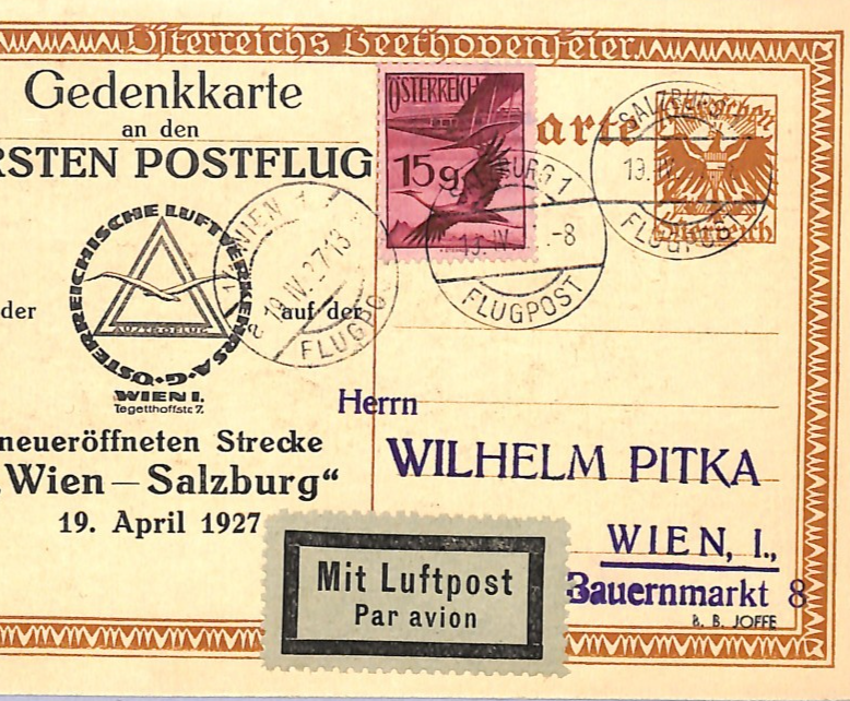 AUSTRIA Air 1927 Stationery *BEETHOVEN* Card FIRST FLIGHT Salzburg {Joffe}VT32 - Image 7
