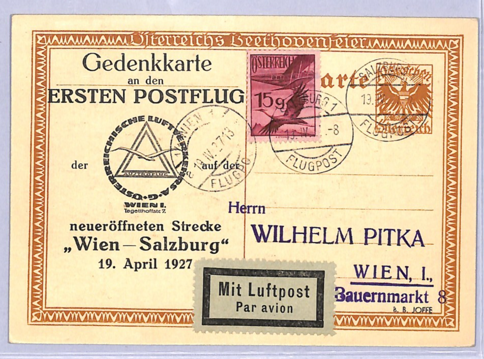 AUSTRIA Air 1927 Stationery *BEETHOVEN* Card FIRST FLIGHT Salzburg {Joffe}VT32