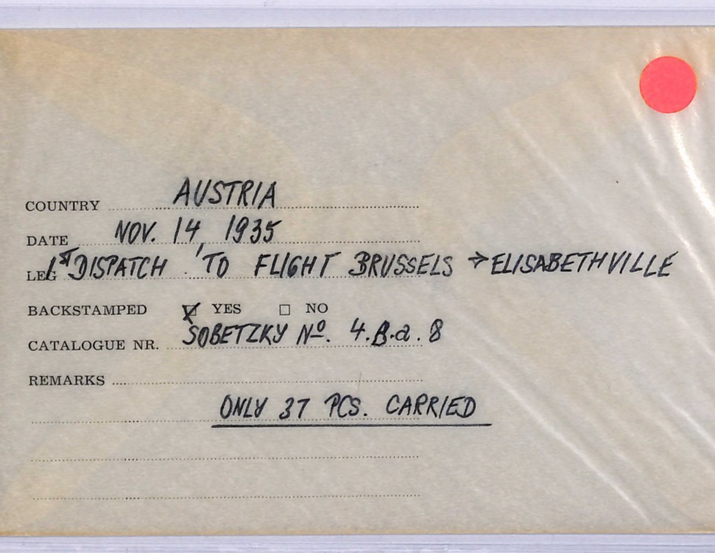 AUSTRIA Air 1935 Card FIRST FLIGHT BELGIUM CONGO Elisabethville {Joffe}WT147 - Image 16