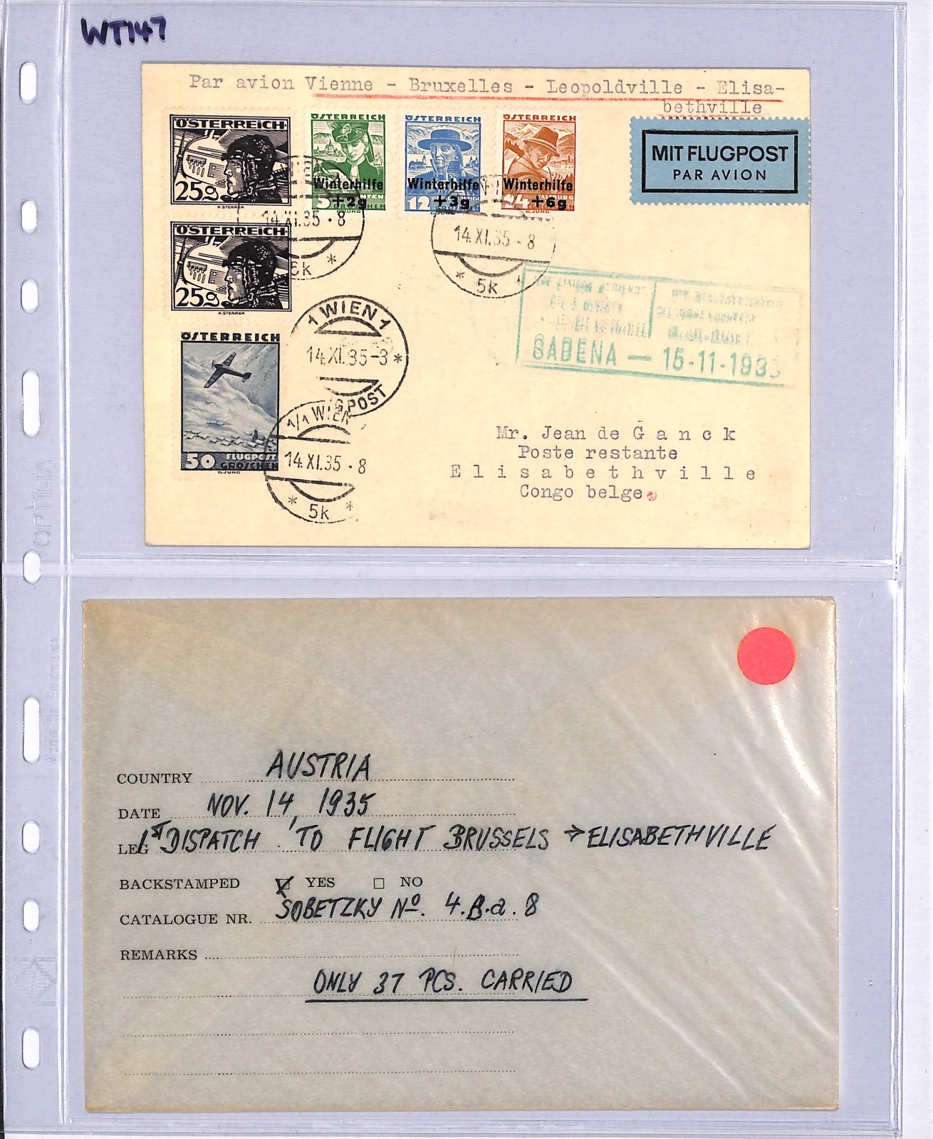 AUSTRIA Air 1935 Card FIRST FLIGHT BELGIUM CONGO Elisabethville {Joffe}WT147 - Image 4