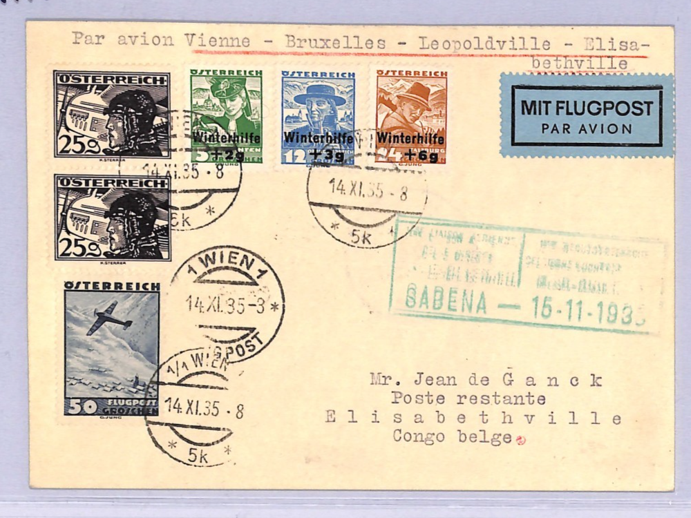 AUSTRIA Air 1935 Card FIRST FLIGHT BELGIUM CONGO Elisabethville {Joffe}WT147