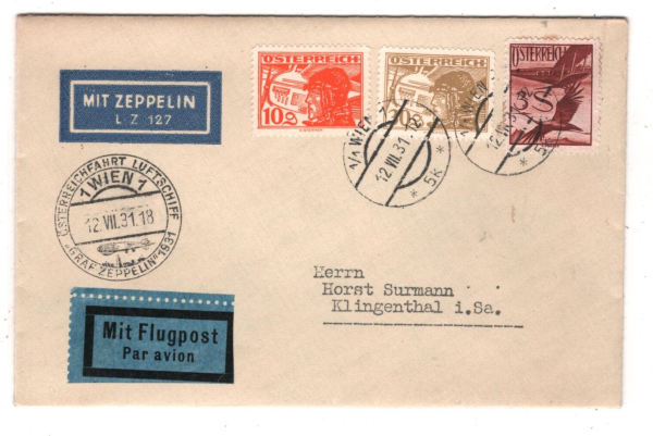 AUSTRIA GRAF ZEPPELIN Air *Sieger* Cover Vienna 1931 Klingenthal {samwells}KZ10 - Image 3