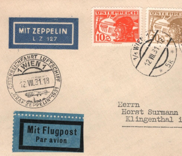 AUSTRIA GRAF ZEPPELIN Air *Sieger* Cover Vienna 1931 Klingenthal {samwells}KZ10