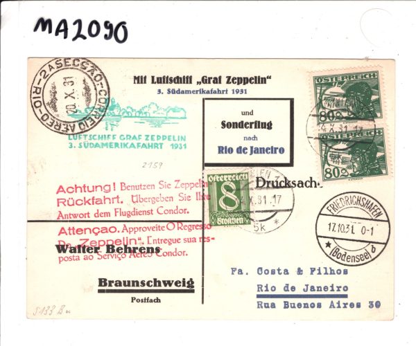 AUSTRIA Treaty GRAF ZEPPELIN Air Mail 1931 Card *3.SUDAMERIKAFAHRT* Rio MA2090 - Image 4