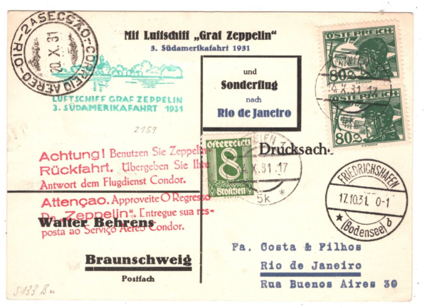 AUSTRIA Treaty GRAF ZEPPELIN Air Mail 1931 Card *3.SUDAMERIKAFAHRT* Rio MA2090