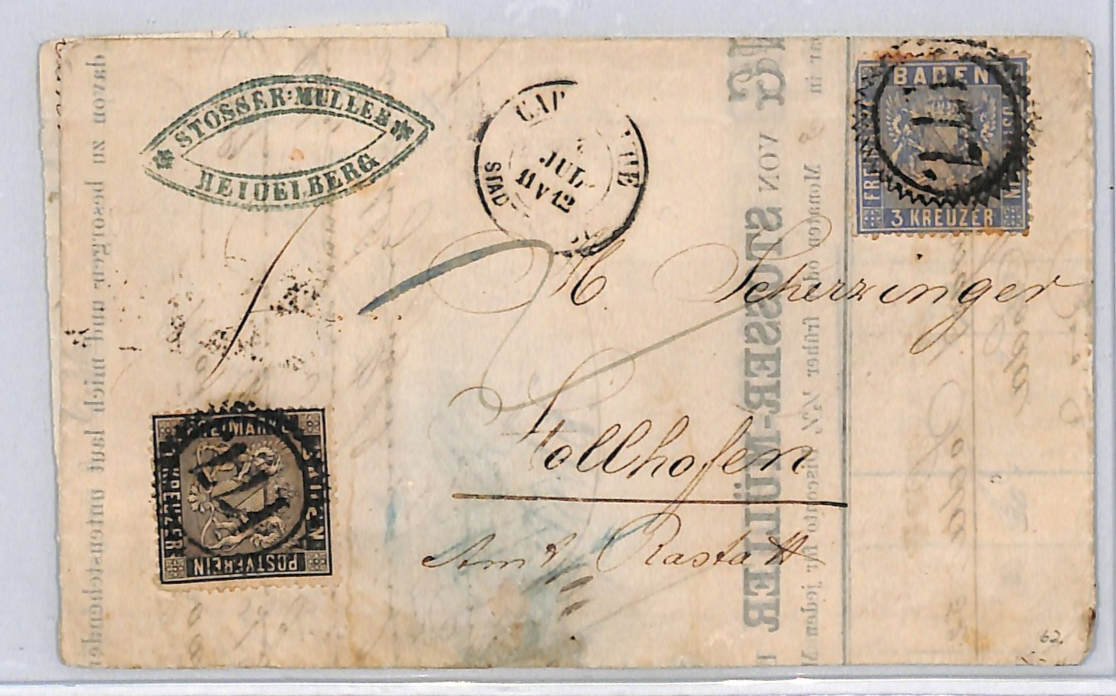 BADEN Classic 1kr Black 3kr *177* KARLSRUHE STADTPOST Cover Germany States WK163 - Image 5