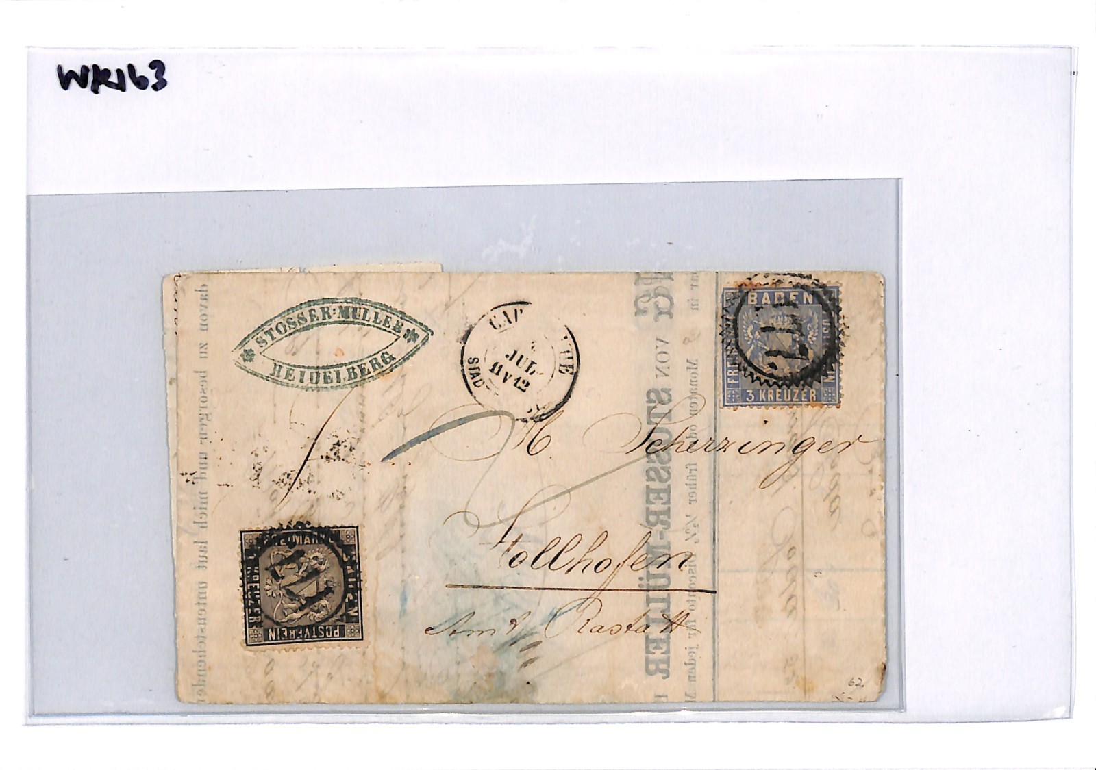 BADEN Classic 1kr Black 3kr *177* KARLSRUHE STADTPOST Cover Germany States WK163 - Image 7