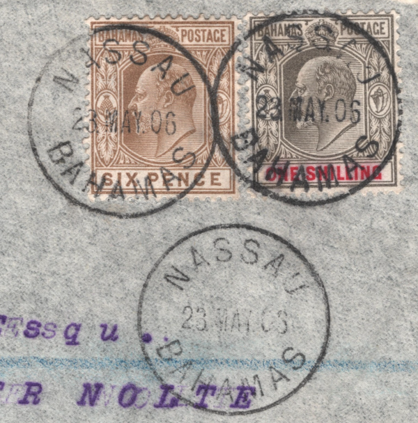 BAHAMAS Cover KEVII 1s 6d Registered NASSAU 1906 CDS Cologne {samwells}XC215