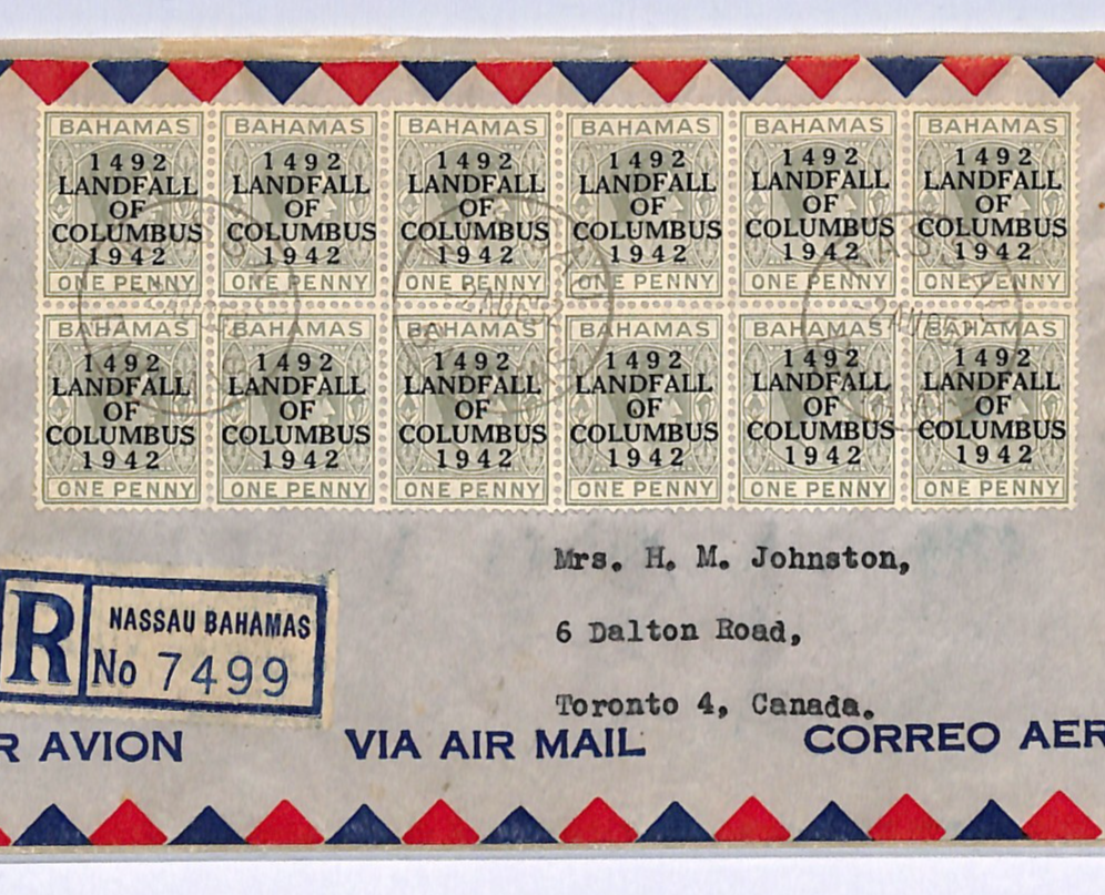 BAHAMAS KGVI Cover 1942/1492 *LANDFALL OF COLUMBUS* 1d BLOCK{12} Air 1961 WM379