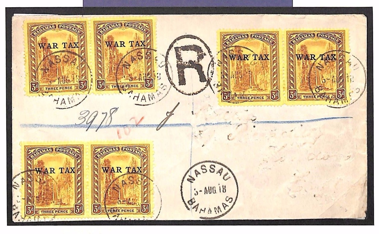 BAHAMAS *WAR TAX* WW1 Cover Nassau Reg Multiple Franking Liverpool 1918 MS2940 - Image 3