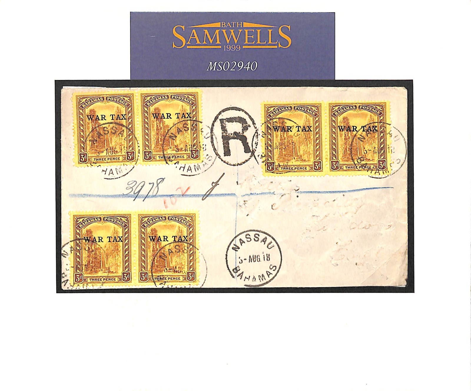 BAHAMAS *WAR TAX* WW1 Cover Nassau Reg Multiple Franking Liverpool 1918 MS2940 - Image 5
