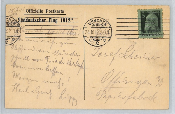 BAVARIA Germany AVIATION Air Mail Postcard 1912 *SÜDDEUTSCHER FLUG* Munich XT141 - Image 6
