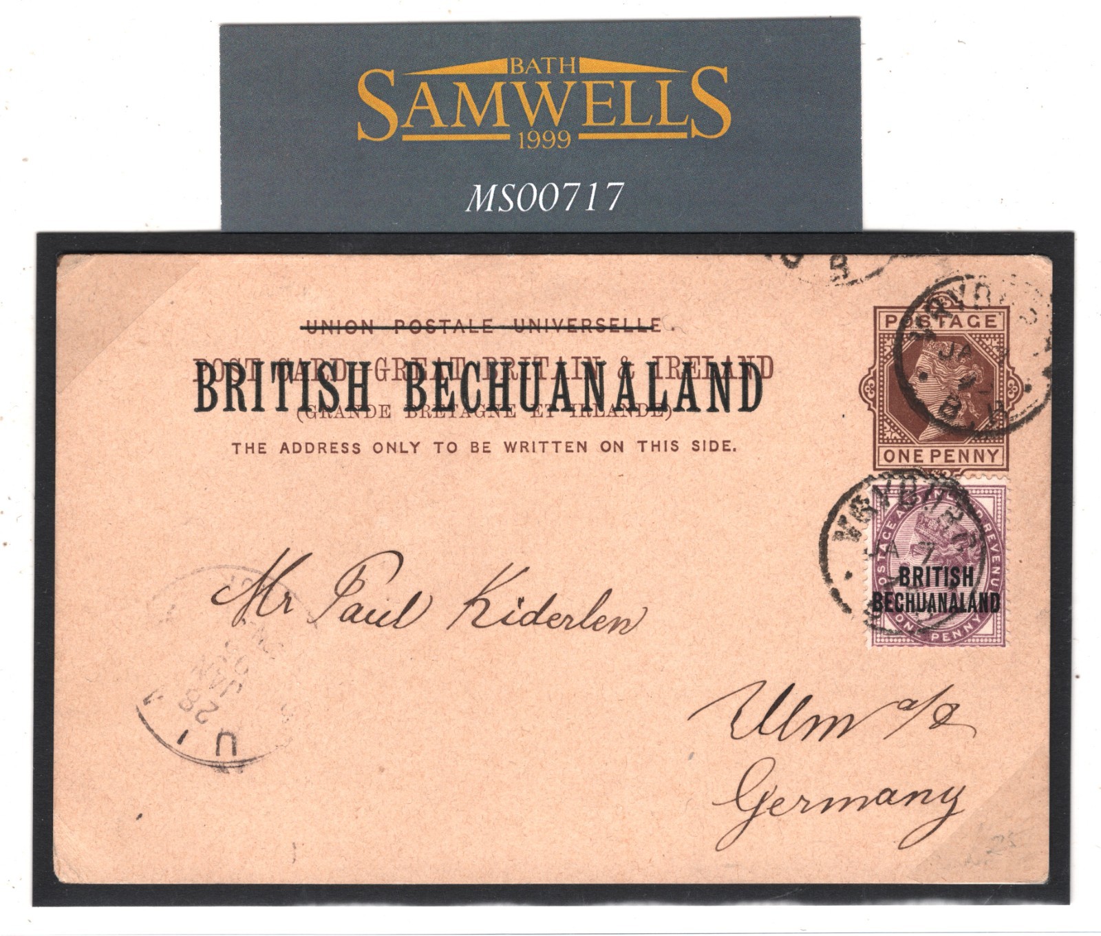 BECHUANALAND QV Postal Stationery Card 1d Lilac GB Overprint Vryburg c1895 MS717 - Image 4