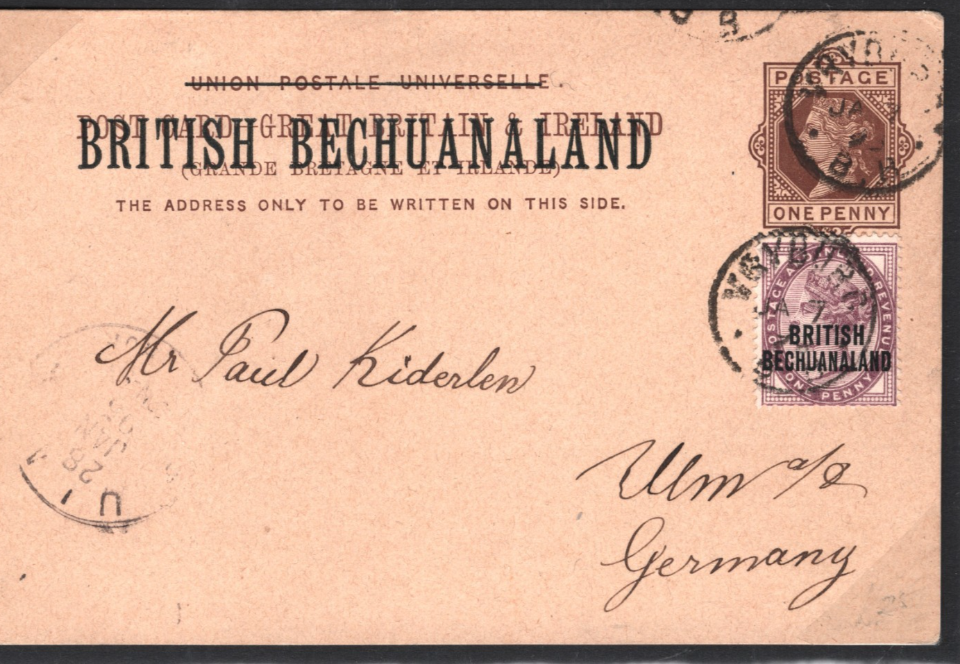 BECHUANALAND QV Postal Stationery Card 1d Lilac GB Overprint Vryburg c1895 MS717