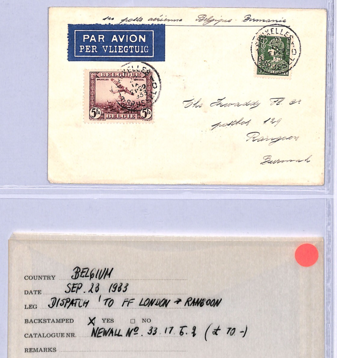 BELGIUM Acceptance London FIRST FLIGHT *BURMA* Cover 1933 Air Mail {Joffe}VT11 - Image 3