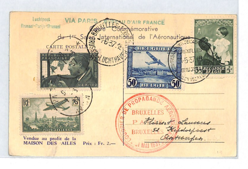 BELGIUM Air Mail Card 1937 SALON AERONAUTIQUE Brussels France Paris XT259 - Image 3