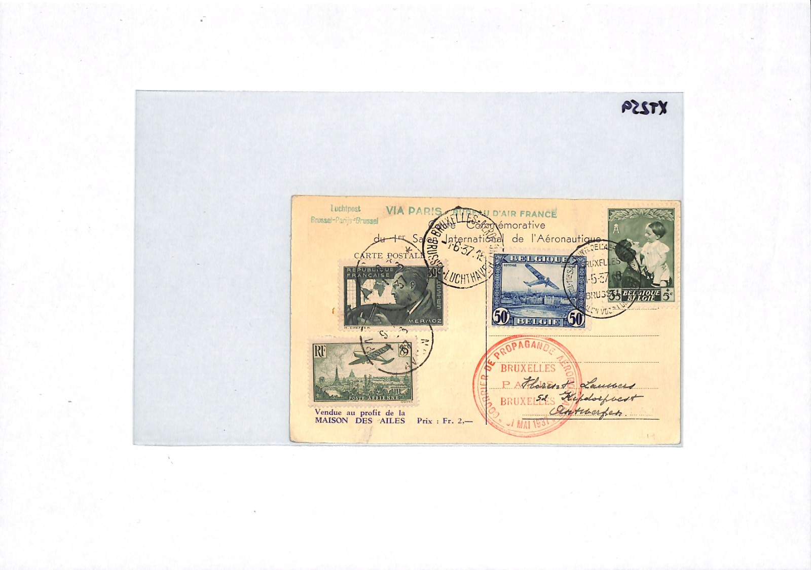 BELGIUM Air Mail Card 1937 SALON AERONAUTIQUE Brussels France Paris XT259 - Image 5