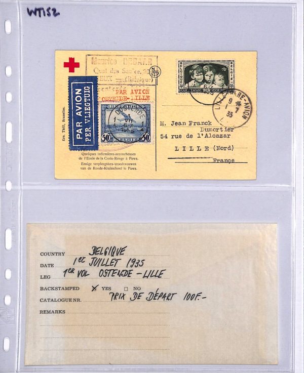 BELGIUM Air Mail Card FIRST FLIGHT FRANCE Lille Ostend 1935 Red Cross PPC WT152 - Image 4