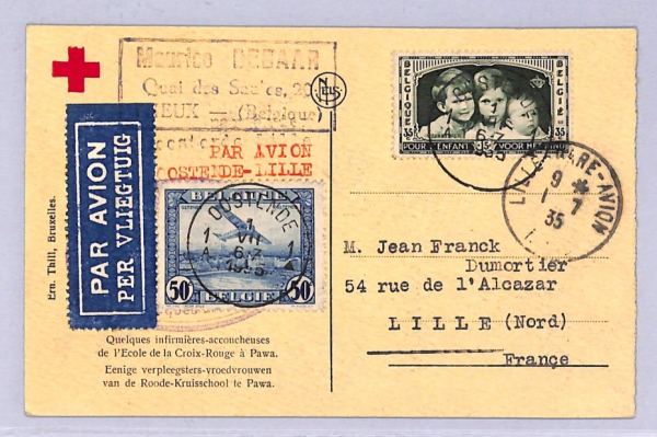 BELGIUM Air Mail Card FIRST FLIGHT FRANCE Lille Ostend 1935 Red Cross PPC WT152