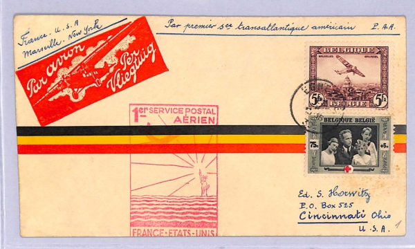 BELGIUM Air Mail Cover PAA FIRST NIGHT FRANCE-USA Marseille Éghezée 1939 WT155