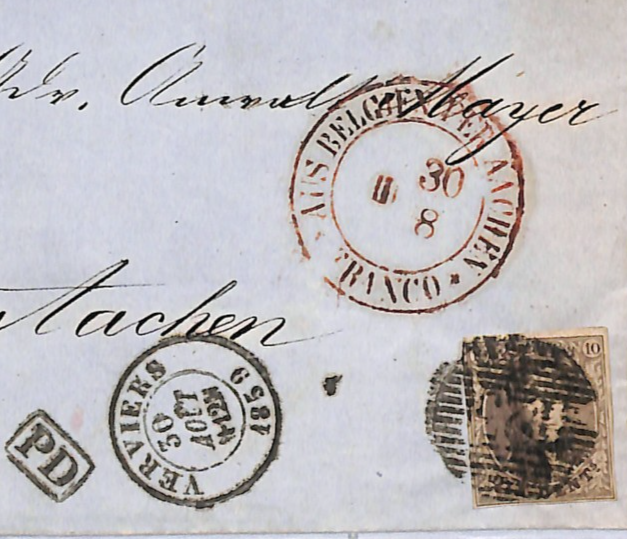 BELGIUM Classic 10c Cover Verviers Numeral 1859 Aachen AUS BELGIEN Transit WO143 - Image 3