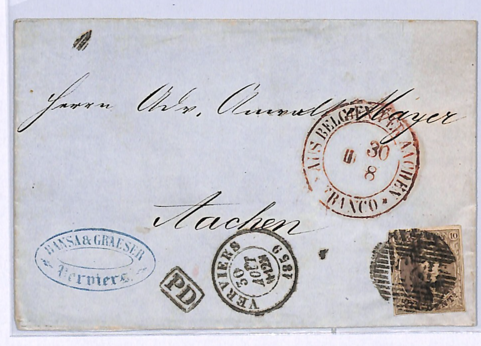 BELGIUM Classic 10c Cover Verviers Numeral 1859 Aachen AUS BELGIEN Transit WO143 - Image 4