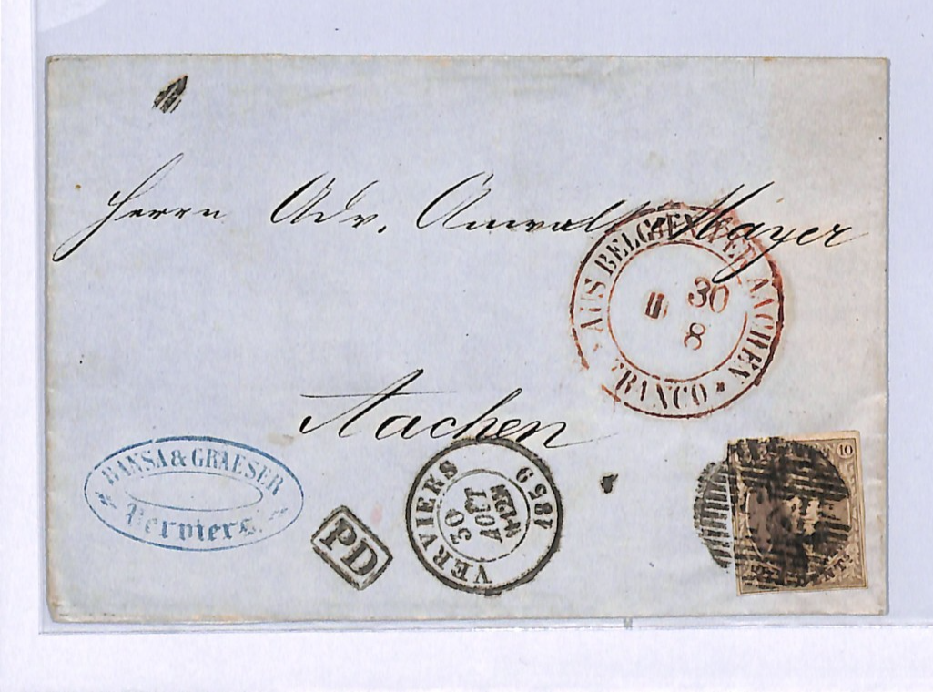 BELGIUM Classic 10c Cover Verviers Numeral 1859 Aachen AUS BELGIEN Transit WO143 - Image 7
