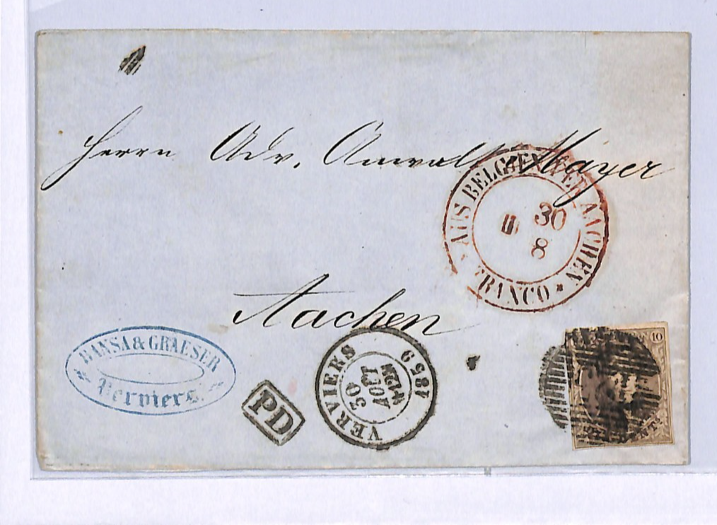 BELGIUM Classic 10c Cover Verviers Numeral 1859 Aachen AUS BELGIEN Transit WO143 - Image 9
