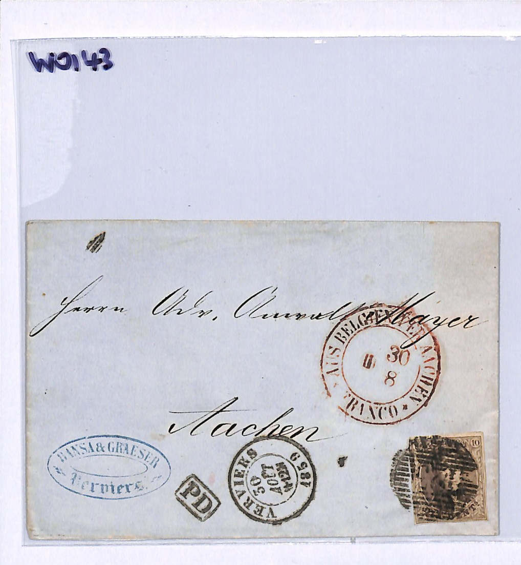 BELGIUM Classic 10c Cover Verviers Numeral 1859 Aachen AUS BELGIEN Transit WO143 - Image 10