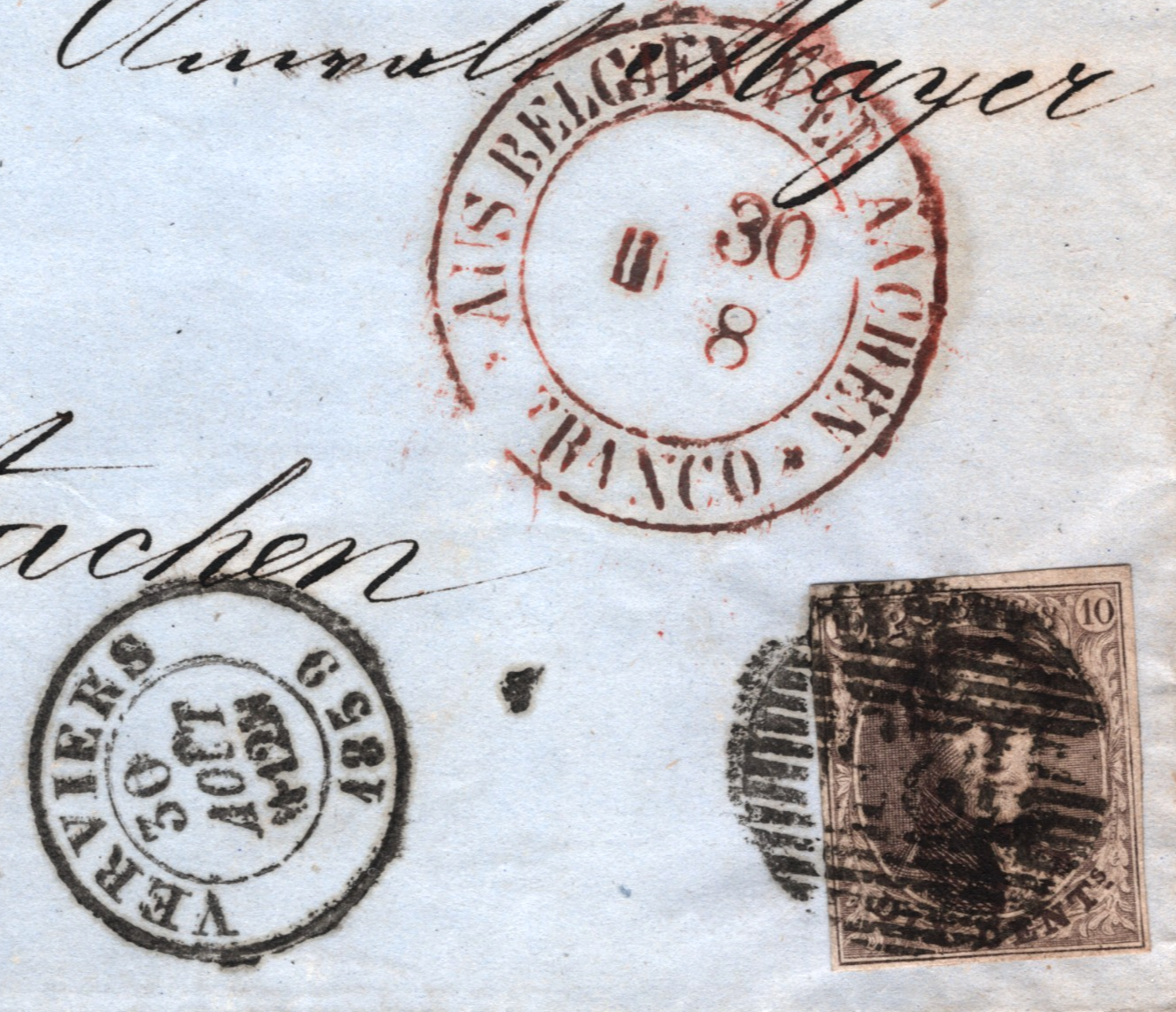 BELGIUM Classic 10c Cover Verviers Numeral 1859 Aachen AUS BELGIEN Transit WO143