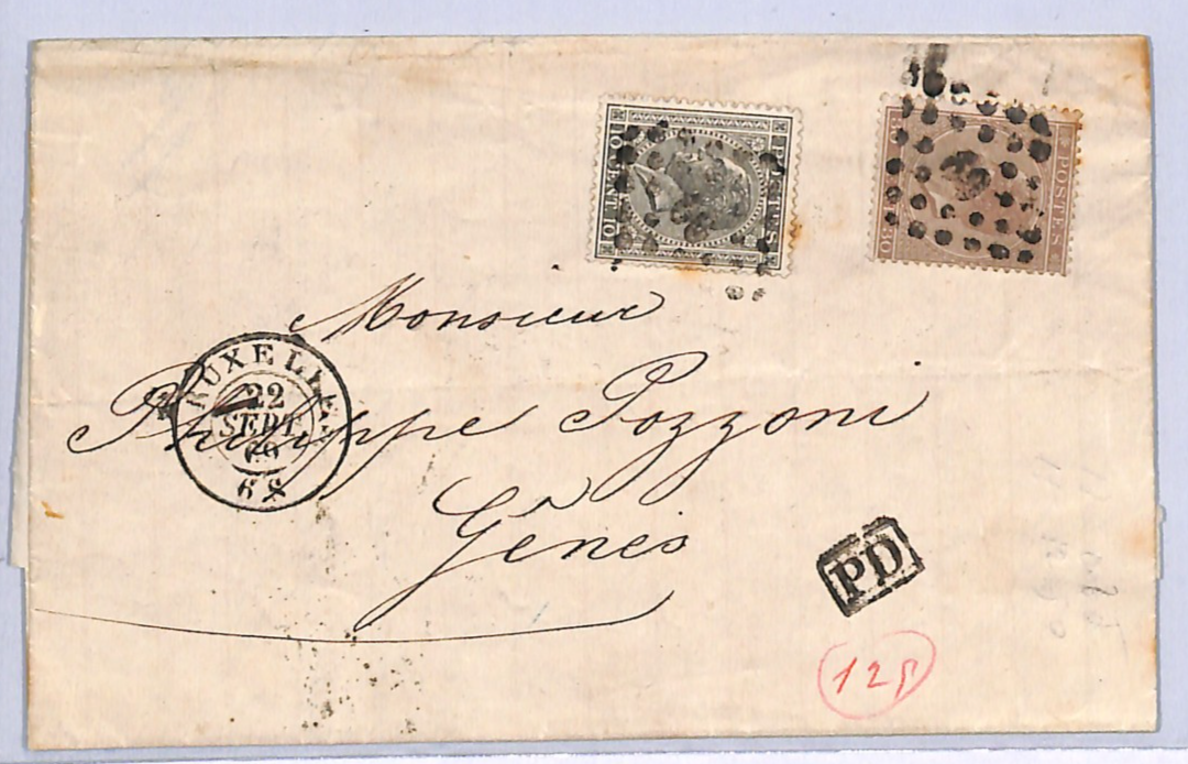 BELGIUM Classic 30c 10c Cover 1869 Brussels EL Letter Genova {samwells}WO148 - Image 3
