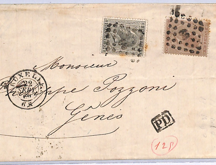 BELGIUM Classic 30c 10c Cover 1869 Brussels EL Letter Genova {samwells}WO148