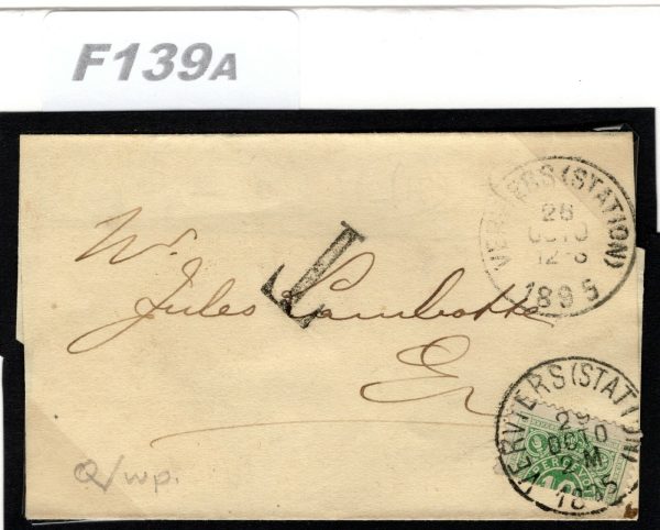 BELGIUM Cover VERVIERS STATION 1895 CDS Railway 10c *BISECT* (5c) Wrapper F139a - Image 5