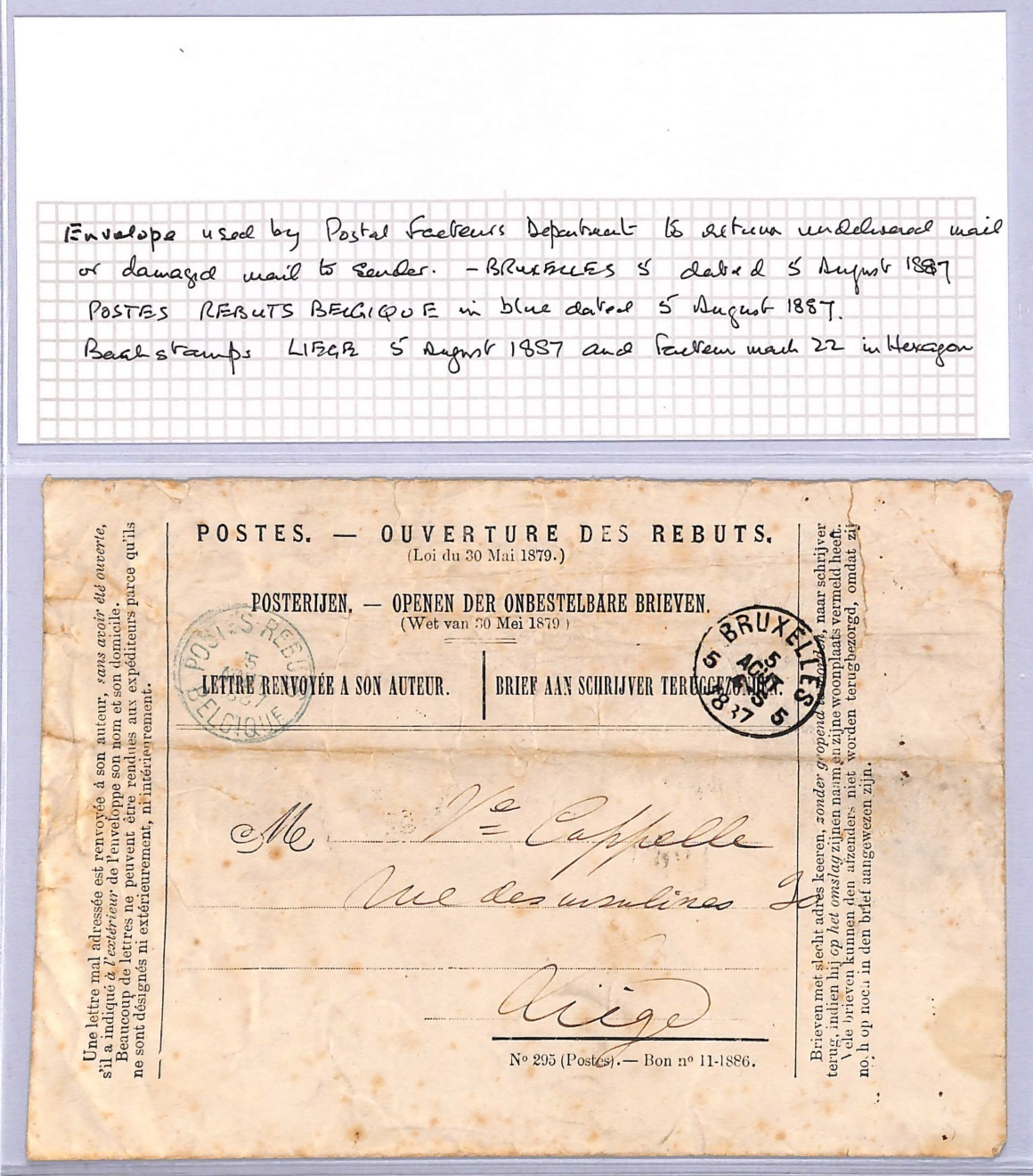 BELGIUM Official RETOUR Cover 1887 *POSTES REBUTS BELGIQUE* BLUE CDS Rare WT171 - Image 15