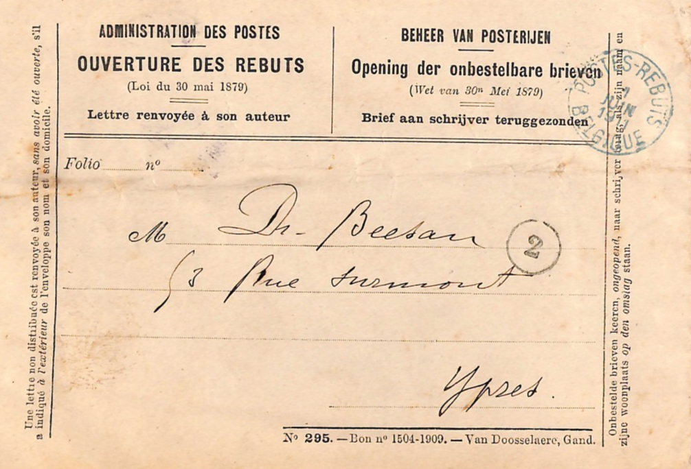 BELGIUM Official RETOUR Cover Ypres BLUE 1911 *REBUTS* CDS {samwells}WT172 - Image 11