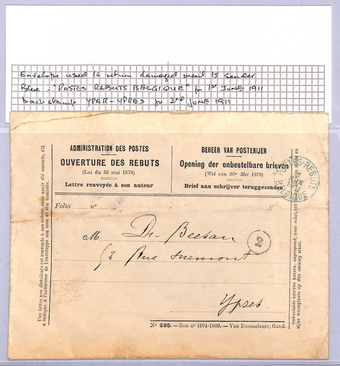 BELGIUM Official RETOUR Cover Ypres BLUE 1911 *REBUTS* CDS {samwells}WT172 - Image 13