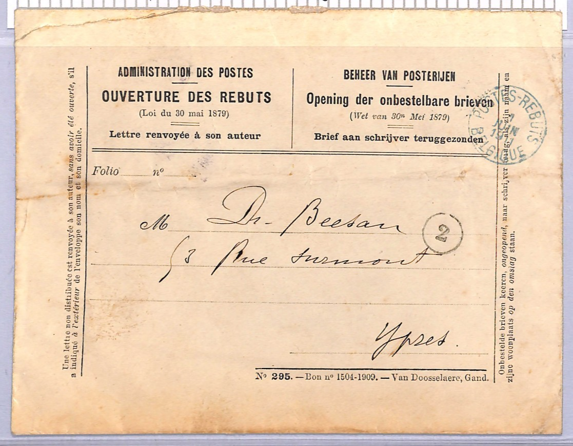 BELGIUM Official RETOUR Cover Ypres BLUE 1911 *REBUTS* CDS {samwells}WT172 - Image 3