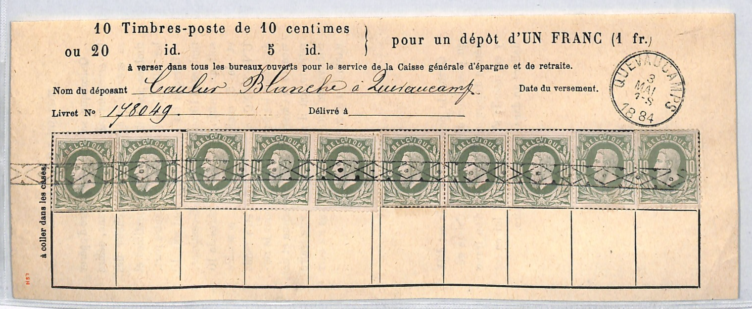 BELGIUM Revenue SAVINGS STAMP Document 1Fr Deposit 10c{10} 1884 Quevaucamps VM27 - Image 3
