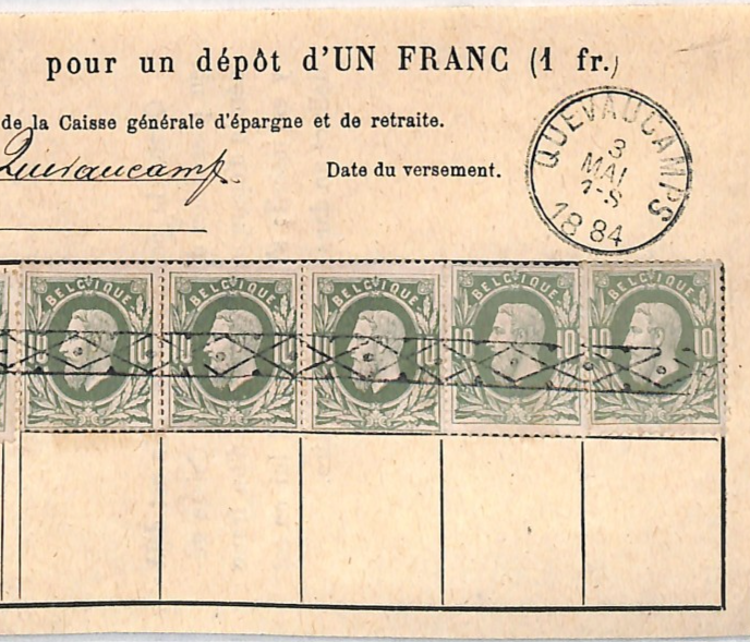 BELGIUM Revenue SAVINGS STAMP Document 1Fr Deposit 10c{10} 1884 Quevaucamps VM27 - Image 4