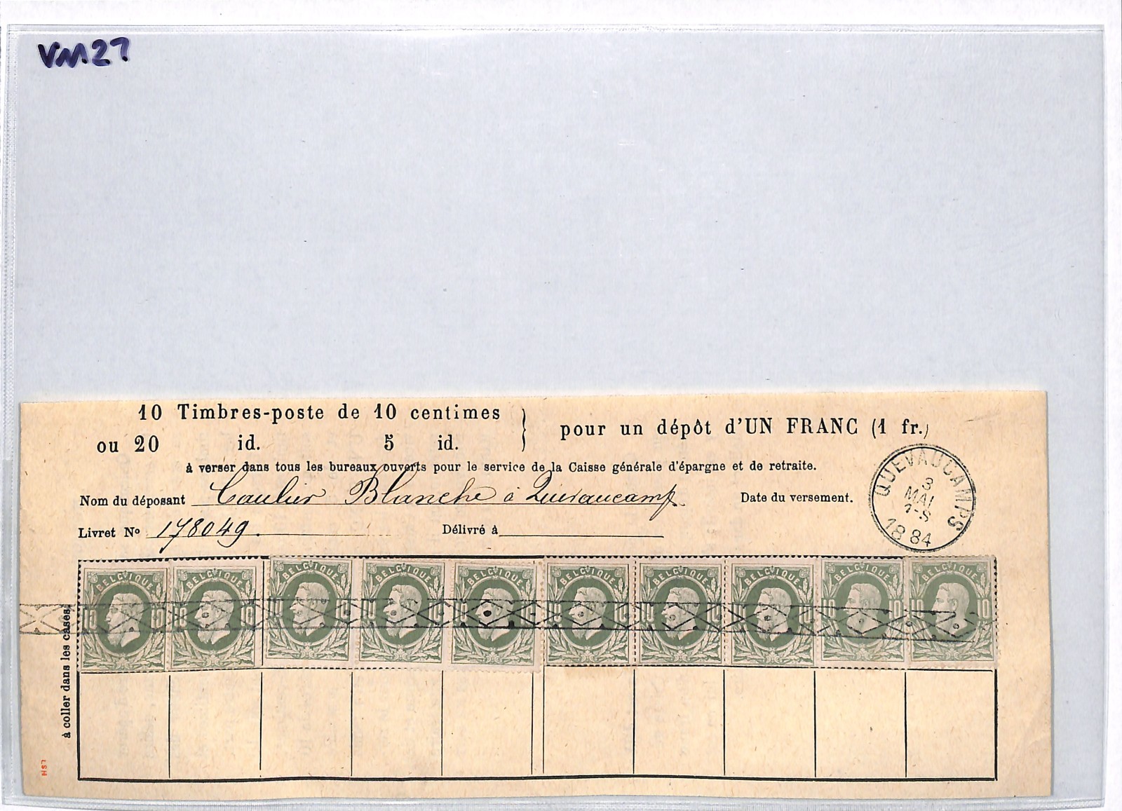 BELGIUM Revenue SAVINGS STAMP Document 1Fr Deposit 10c{10} 1884 Quevaucamps VM27 - Image 7